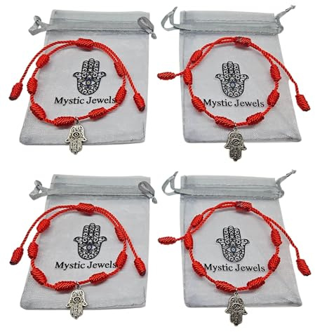 MYSTIC JEWELS - Rött rep armband med 7 chakra, god tur och skyddsberlock, justerbart, handgjort, för kvinnor och män, vänskapssymbol, Talla única, Polyester, Ingen ädelsten