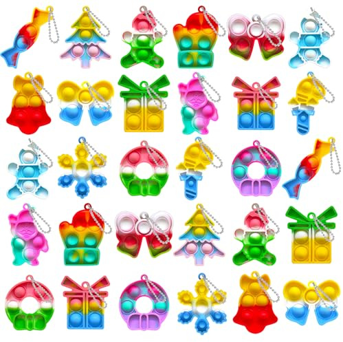 KIDRENFUN 30 PCS Christmas Decoration - Keyrings Stocking Fillers, Bulk Christmas Prize, Pop It Keyring Xmas Party Favours