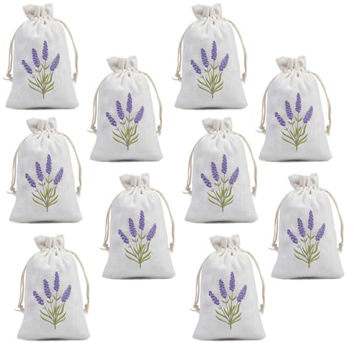 10 Pack Aromatic Lavender Sachets for Wardrobe & Drawer Freshening, Natural Moth Repellent Bags with Drawstring Closure, 10 x 15 cm Jute Fabric Pouches