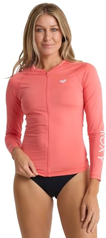 Roxy Women's Long Sleeve Zipped Rashguard – UPF 50+, Stretch Fit, Swim, Surfsuit, Quick-Dry Swim Shirt, Hot Coral, Small