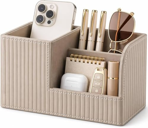 KINGFOM Stifte Organizer, PU Leder Stiftehalter Schreibtisch Mit 3 Taschen, Stiftebox Stifteköcher, Schreibtisch Organizer Stifte für Büro/Zuhause (Beige)