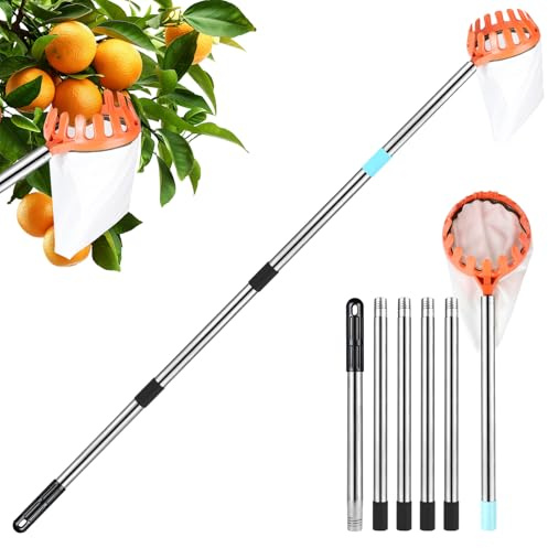 DBREAKS 2,4 m Recogedor de Frutas, Recogedor de Manzanas con Barra Telescópica de Aluminio Ligero, Recogedor de Frutas con Bolsa de Almacenamiento, recogedor de Cerezas