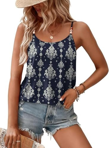 ABINGOO Débardeur Femme Été Bretelles Spaghetti avec Perles Ample Tank Top | Ample Imprimé Sans Manches Caraco Bohème Élégant Chic Strap Sexy Haut