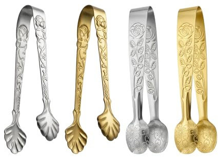 4-tlg Zuckerzange – Dekorative Servierzangen Klein in Gold & Silber mit Rosendekor, Edelstahl Eiswürfelzange & Pralinenzange für Candybar, Gebäckzange Geschenk