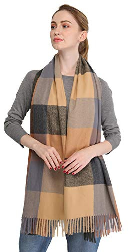 Longwu Bufanda de lana de cachemira suave para mujer Manta y envoltura de pashmina grande Manta de estola cálida Camello&Negro#