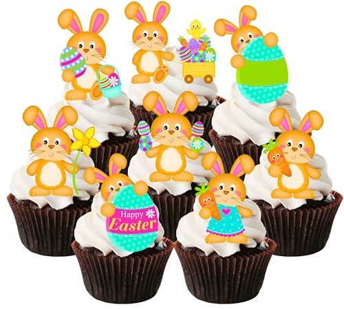 Lot de 24 décorations comestibles en forme de lapin de Pâques pour gâteaux de Pâques, cupcakes et friandises - Lapins non coupés avec œufs, carottes et fleurs - 5 cm