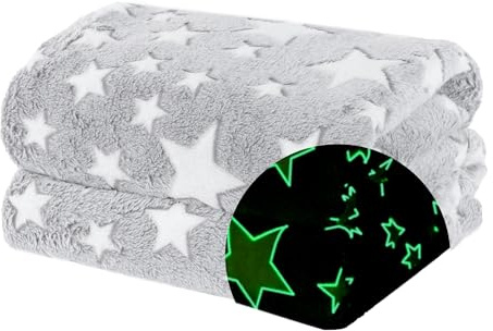 WICKED GIZMOS Glow in the Dark Blanket β Soft Fluffy Fleece Blanket for Kids, Cosy & Snuggly Flannel Throw, for Girls or Boys β Grey Stars, 127 x 152 cm