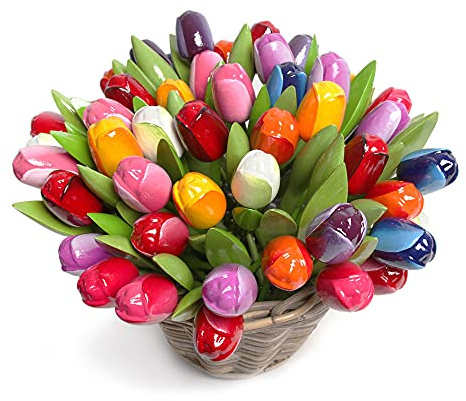 50 tulipani in legno di alta qualità in cesto di vimini, 34 cm di altezza, dipinti a mano, bouquet di fiori, per decorazioni, prodotti in Olanda, da regalare al tuo amore