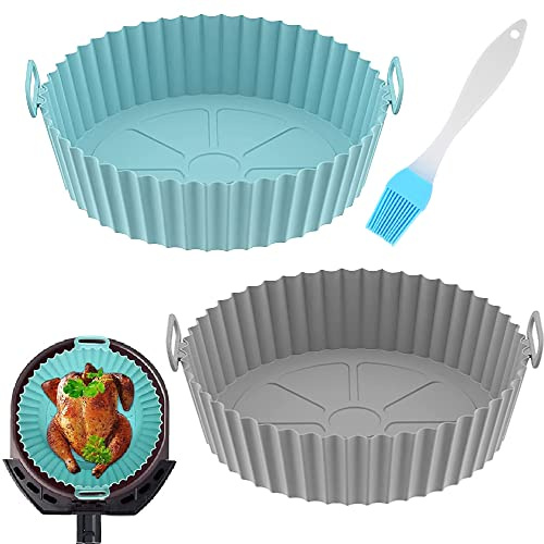 VIKKI 2 Pack Air Fryer Silicone Pot, 8 inch Reusable Liners Baking Tray, Heat-Resistant Food Grade BPA Free Basket for Microwave( oil brush)