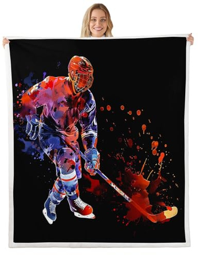 Ice Hockey Fleece Throw Blanket for Bed Sofa Couch Kids Ice Sports Games Plush Blanket Room Decorative Hockey Player Sherpa Blanket Puck Hockey Blue Black Red Fuzzy Blanket Throw 50x60
