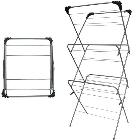 SIC 3 Tier Clothes Airer, Indoor and Outdoor Clothes Drying Rack with 15 m Drying Space | Non-Slip Feet and Corner Spaces for Hangers | Flat foldable for Space Saving