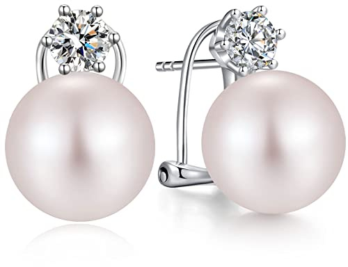 Pendientes Perla Mujer Plata de ley 925 Pendientes de Botón con Perlas Circonitas Diamantes Joyas Regalos para Mujeres Novias Bodas 10 mm Perla Blanca