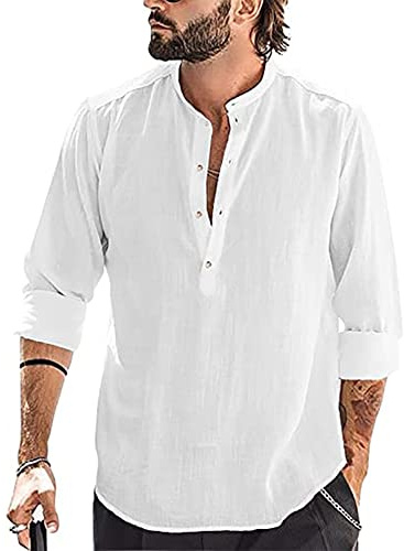 YAOBAOLE Chemise Lin Homme Manches Longues Chemise Lin Homme Slim Fit Chemises Hommes Col Mao Henley Blanc M