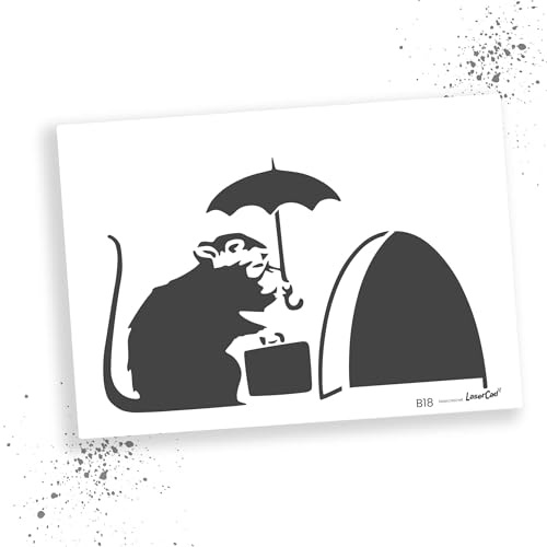LaserCad Schablonen BANKSY Streetart (B018, Umbrella Rat with Suitcase, DIN A4) Stencil für Graffiti, Airbrush, Kunst, Deko, zum Malen