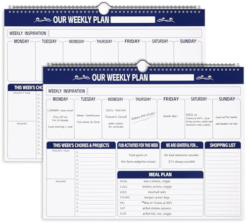 Fulmoon 2 Pcs 52 Sheets Weekly Planner 13 x 17'' Family Planner Spiral Weekly Calendar Habit Tracker Calendar Family Meal for Wall Planning Organizing Goals Tasks Chores(Classic)