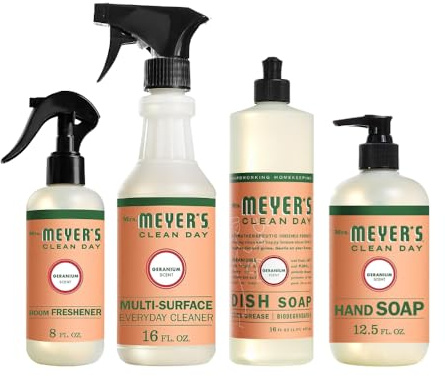 Mrs. MEYER'S Clean Day Geranium Scent Variety, 1 Room Freshener 8 OZ, 1 Liquid Dish Soap 16 OZ, 1 Liquid Hand Soap 12.5 OZ, 1 Multi-surface Cleaner 16 OZ, Geranium, 1 CT