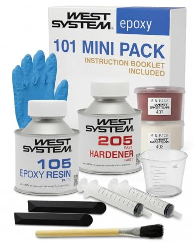 WEST SYSTEM Kit Résine Époxy 101 Mini Pack - Colle et Résine Epoxy Transparente 105 (250g) & Durcisseur 205 (50g), Adhésif Marine pour Bois, Métal - Étanche pour Bricolage, Bateaux, Ratio 5:1