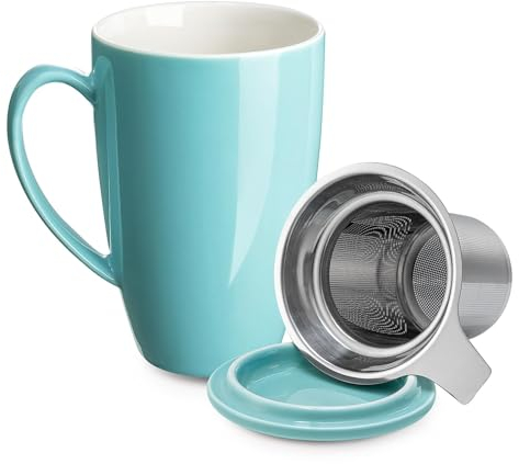 LeKuni Porzellan Teetasse Mit Deckel Und Sieb, Teekanne Mit Tasse, Teegläser Mit Henkel, 450ml Große Tasse Für Tee/Kaffee/Milch/Damen/Büro/Zuhause/Geschenk (Türkis)
