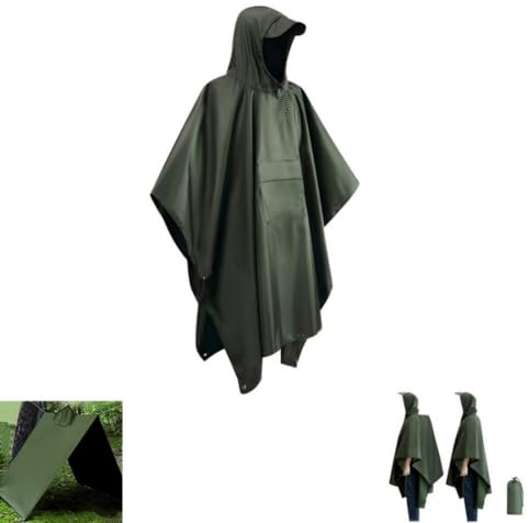 KLYNGTSK 3 In 1 Multifunktionale Regenponcho Unisex Regenmantel Wasserdicht Regenjacke Herren Damen Wiederverwendbar Regencape mit Kapuze Regenschutz Mantel für Jagd, Trekking, Camping, Angeln, Grün