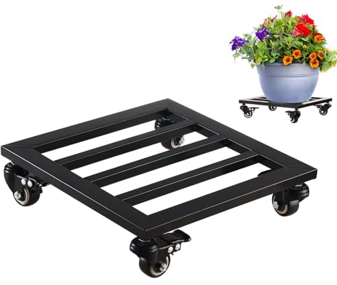 Wensmy 30 * 30 * 8cm Black Metal Planter Flower Pot Caddy with Rolling Wheels Heavy Duty Iron Plant Stand with Swivel Casters for Indoor Outdoor Use