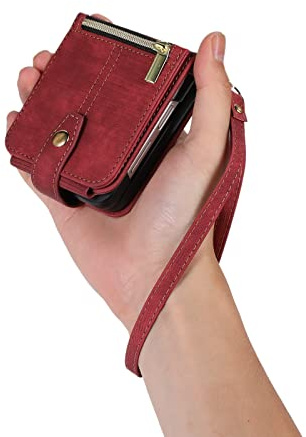 UEEBAI Étui pour Samsung Z Flip 7 FE/Z Flip 6/Z Flip 5 5G, Portefeuille Cuir PU Rabat Housse avec Dragonne Fentes Cartes Fonction Support Fermeture Magnétique Protection complète, Vintage Rouge