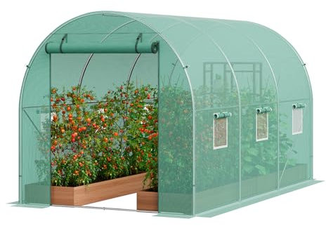 VEVOR Växthus, 3,4 x 2,0 x 1,9 m ringhus växthustunnel, växthus med galvaniserad stålram, grönt PE-skydd, upprullad blixtlåsdörr och 6 fönster för utomhus