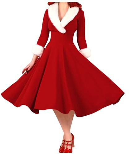 Générique Robe Noel Femme Hiver Vintage Années 50 Pin Up Femme Chic Elegante Robe de Noël avec Coutures en Fourrure Col en V Noël Femmes épaule Imprimer Vintage Robe De Soirée Robe évasée