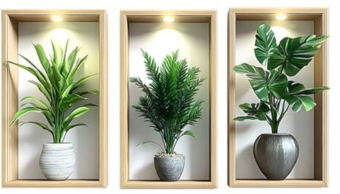 SanKristo 3D Plant Pots Wall Stickers 3 PCS, Self Adhesive Realistic Wall Art Stickers Room Wall Decoration Wallpaper Vase Wall Decal, for Living Bedroom Kitchen Bathroom Wall Decor, 35 X 20CM
