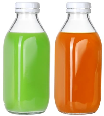 EkkoVla 1000ml Glass Milk Bottles with Airtight Lids, 2 Pack Reusable Bottles with Scale – for Juices, Smoothies, Beverages, Pantry Organising & DIY Decor