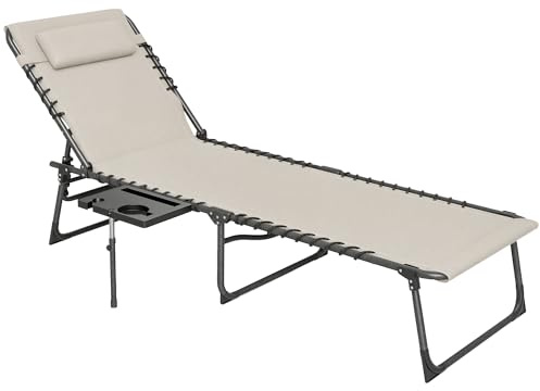Outsunny Tumbona Plegable, Tumbona Jardín Exterior con Respaldo Ajustable, Reposacabezas, Bolsillo Lateral, Bandeja y Estructura de Acero, Carga 120 kg para Terraza Piscina Playa, 190x60x31 cm, Crema