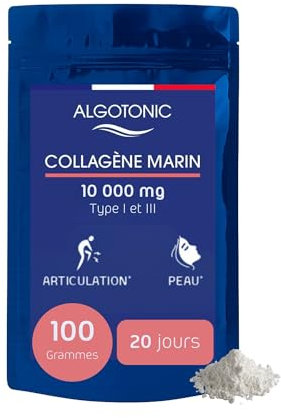 Algotonic - Collagène marin hydrolysé + Vitamine C - 100 grammes poudre - 5000 mg/jour - Cure 20 jours - Type I et III - Peau, Cartilages, Os et Muscles
