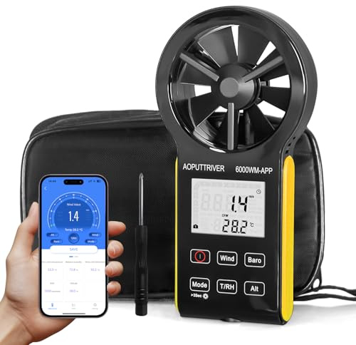 AOPUTTRIVER 6000WM-APP Handheld Digital Anemometer, CFM Anemometer with Temperature (°C/°F), 5 Units, Wind Speed, Air Volume and Temperature Measurement for HVAC, Marine