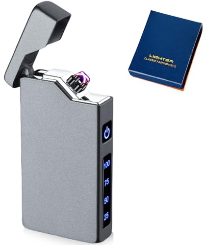 Accendino elettronico USB, accendino elettrico USB, ad arco a LED, doppio arco, con indicatore di batteria, antivento, al plasma, con confezione regalo (grigio scuro)
