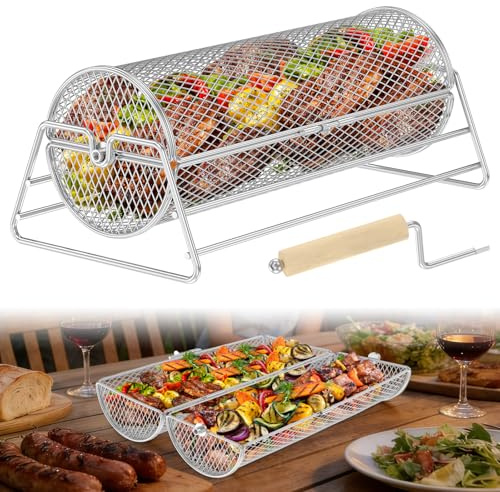 BAODBF Nestbar rullande rostfri grillkorg för camping och utegrill, rullande grillkorg-set med avtagbara trähandtag och roterande ram, grilltillbehör för grönsaker och kött