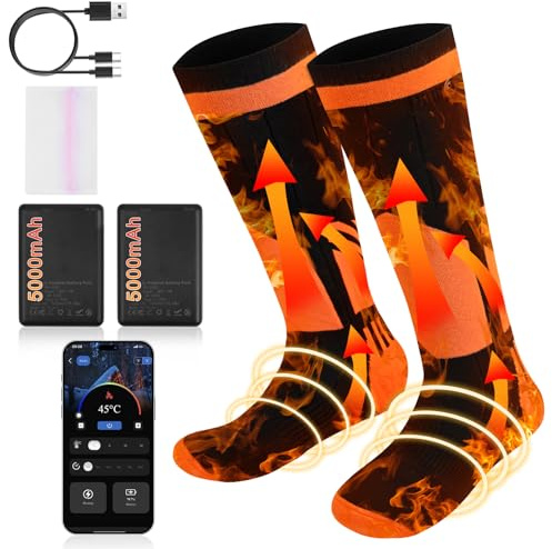 Calze Riscaldate Con controllo dell'app,5000mAh 5V Calze Riscaldanti Ricaricabili,USB Riscaldati Scaldapiedi Elettrico con 4 Impostazioni di Riscaldamento per Sport All'Aperto e Sci(nero arancio)