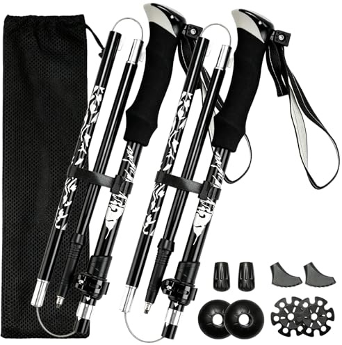 VINATO Bastones de Senderismo Plegables, 2 Unidades, Bastones de Trekking Ajustables 110-130cm con Aleación de Aluminio, Incluye Funda y Accesorios para Nordic Walking, Negro