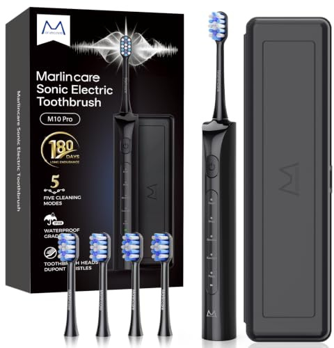 Marlincare Electric Sonic Toothbrush for Adults, 180 Days Life (Black) | Travel Case, 5 Cleanning Modes, 55000 VPM, 4 Brush Heads, Smart Timer, Rechargeable for Home Travel