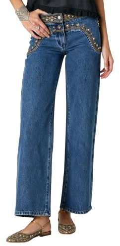 Zynqora Women's Mid Rise Boho Rhinestone Bead Embroidered Wide Leg Denim Pants Western Trendy Straight Leg Casual Jeans