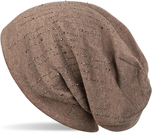 styleBREAKER Cappello Beanie da Donna con Strass e Borchie in Elegante Design a Righe, Slouch longbeanie, Berretto in Tessuto Monocolore 04024086, Colore:Marrone a Pois