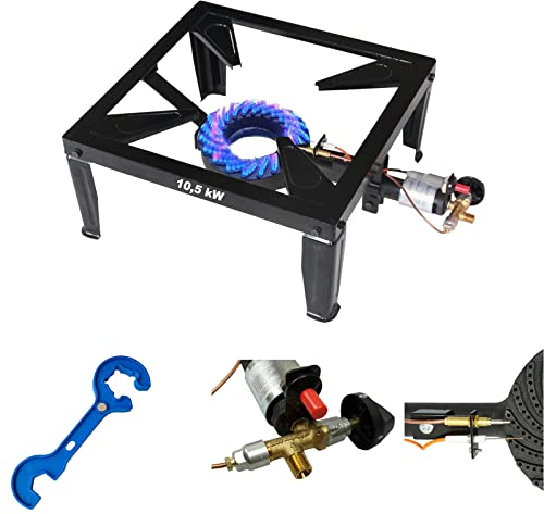 Gas-Hockerkocher 10,5 KW Profi Gaskocher Gas Kocher mit Zündsicherung und Piezozündung inkl. Gasreglerlöser mit Magnet + Schlüssel 17mm für Überwurfmutter 1/4