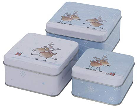 CasaJame 3er Set Metall Keksdose Plätzchendose eckig hellblau Rentier Elche sortiert 9-12cm