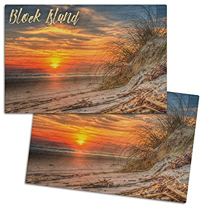 Block Island, Rhode Island, Sunset on Beach (4x6 Birch Wood Postcards, 2-Pack Stationary, Rustic Home Wall Decor)