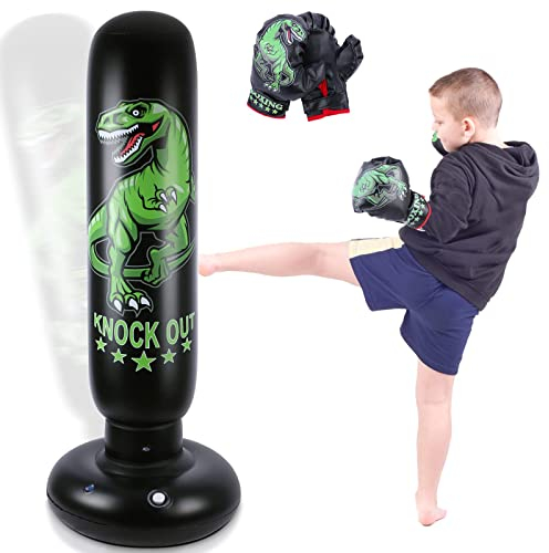 Dinosaurier Boxsack Kinder - 160 cm freistehender Boxsack Stehend mit Boxhandschuhen - Wildes Dinosaurier Sportspielzeug Tumbler Sandsack für Training Karate Taekwondo MMA