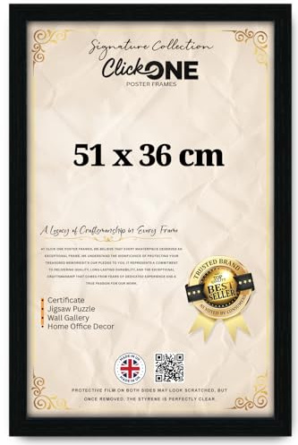 Click One Black Photo Frame 51 x 36 cm Poster Display with UV Protection Acrylic Hanging Hardware for Wall Mounting Display Picture Vertically or Horizontally MDF backboard