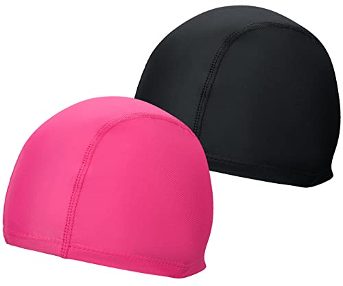2 Pcs Elastic & Lightweight Swimming caps, Comfortable Fabric Swimming Hats for Women Men Kids and Adults, Unisex Nylon/Non-Slip Bathing Caps for Long Short Hair(Black+ Rose Red)