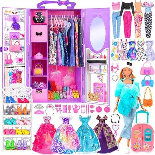 ebuddy 106pcs 11.5 inch Girl Doll With Doll Closet Clothes and Accessories,Blue Fur Shawl with Dress, Luggage, Princess Gowns, Outfits, Bikini, Shoes Rack Toys for 3+ Years Old Girls (include doll)
