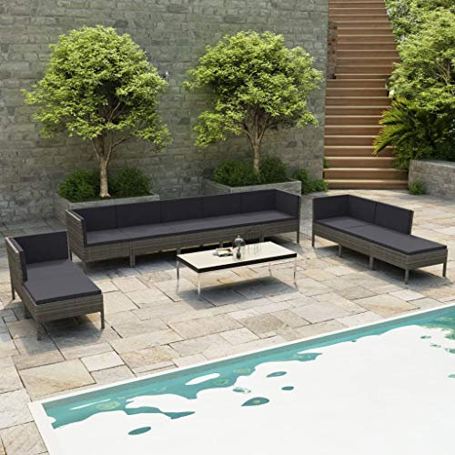 AUVYI Salon de jardin 10 pièces avec coussins en polyrotin gris 69 x 69 x 69 cm Groupe chaise de balcon, banc d'angle, coussin de dossier, canapé, bar, ensemble de meubles de jardin, chaise longue,