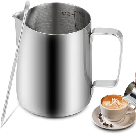 Bricco latte - Bollilatte acciaio inox - Bricco latte professionale - 350ml - con scala graduata - completo di penna per latte art - ideale per preparare cappuccino, latte e espresso - argento