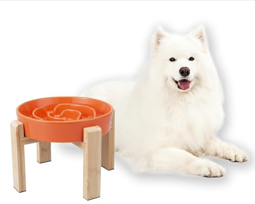 Comedero para Perro Antivoracidad de Cerámica Elevado - Cuenco Lento con Soporte de Bambú - Plato Laberinto para Perros Medianos y Grandes - Naranja - 22,5 cm