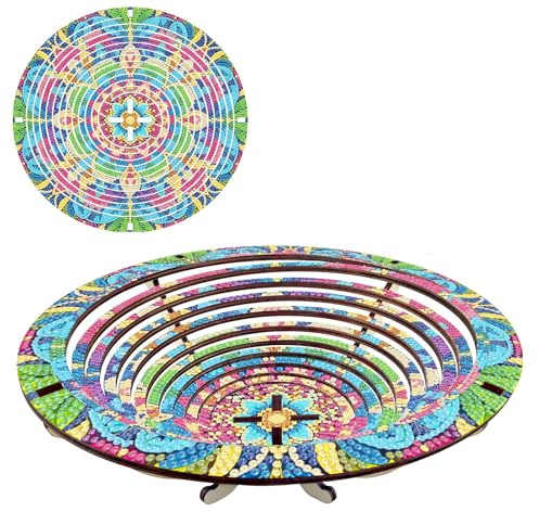 BAYUNOE DIY Diamond Art Round Candy Plate Mandala Diamond Art Painting Snack Tray Retractable with Stand Round Handmade Wooden Storage Fruit Tray for Vegetables Bread Home Organizer-Mandala05
